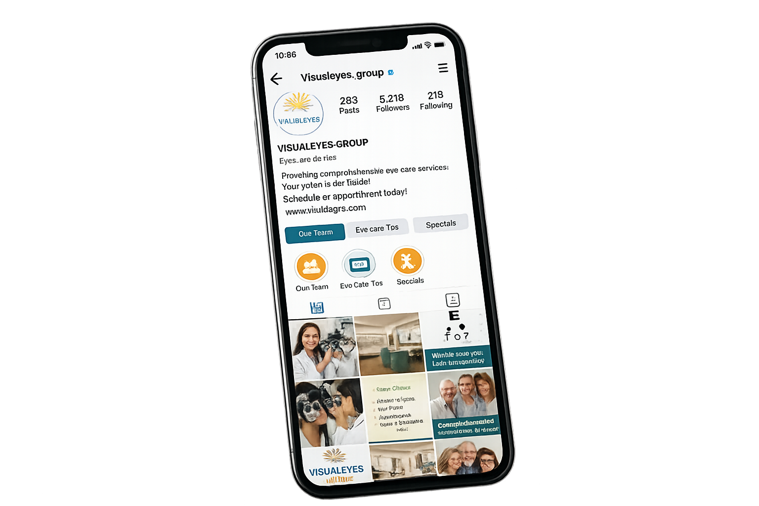 Phone showing Visual Eyes Instagram page
