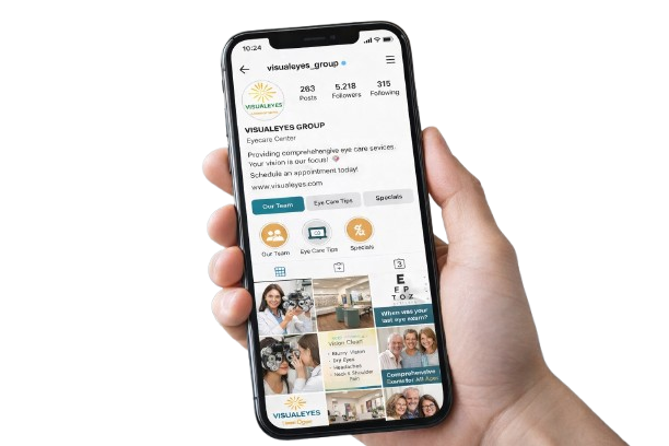 Hand holding phone showing Visual Eyes Instagram page